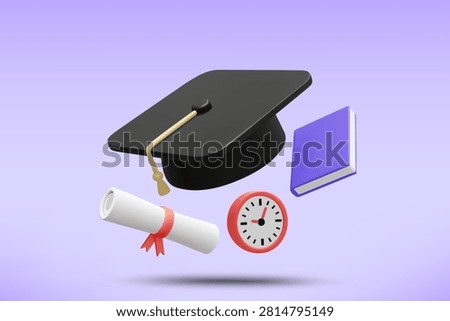 3d vector flying graduation cap mortarboard with diploma, purple notebook and wall clock on pastel background for student success (Non-AI: 3D Render Ref - Manual Vector)