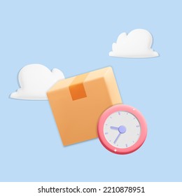 3d vector flying parcel cardboard box package with pink alarm clock icon realistic render banner. Fast delivery online shopping service, order, tracking, Alarm, alert push message notification.