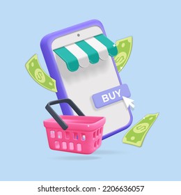 3d vector flying purple smartphone with store awning, green dollar, buy button, shopping basket icon design. Online shopping with mobile phone app store cartoon render  concept.