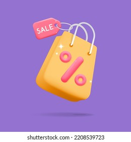 3D-Vektorfliegender Shopping-Geschenksack mit Prozent Icon für Web- und mobile App-Online-Shop-Poster-Design. realistischer Rabattmarkenkupon für Premium-Verkauf, Sonderangebot-Werbung.