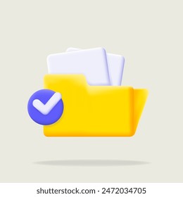 3d vector folder and documents already stored in it with approval checklist, cartoon illustration