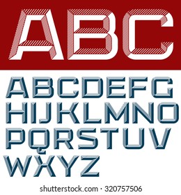 3d vector font with the shadows. Volume letters with diagonal strokes. Retro type