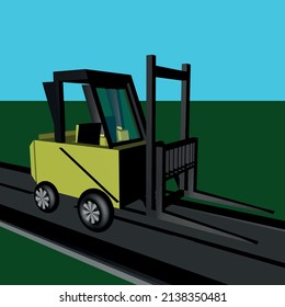 3D-Vektorstapler. Gabelstapler, Straßen und Grünanlagen. 3D-Rendering und Illustration von Autoarbeiten. Industriemaschine.