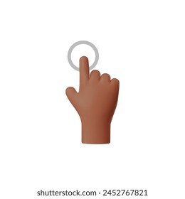 3D, vector format icon of a hand with dark skin pressing a button. Cartoon style image of a raised index finger on an isolated background for touch interfaces.