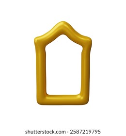 3D vector frame. Golden shiny window silhouette. Vintage yellow arch border design. Realistic gold gate silhouette in Arabic style. Traditional western and Islamic shape. Render oriental architecture