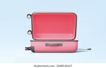 3D vector Front view open luggage pink color empty for element design ads trip tour travel adventure summer holiday season planning vacation transportation enjoy relax. 3d render cartoon illustration