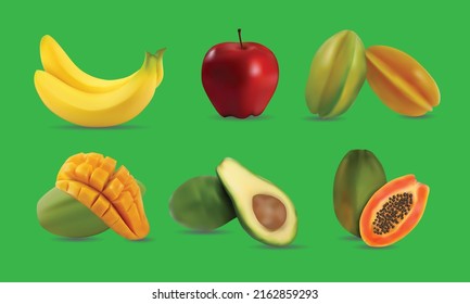 3D vector fruit set isolated from background, banana, mango, avocado, apple, papaya, star fruit