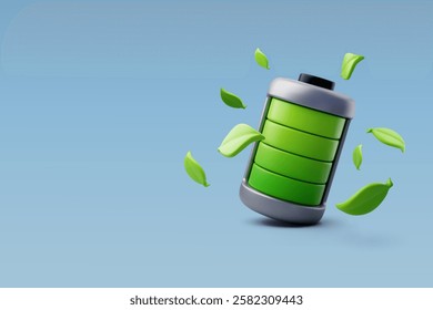 3d Vector of a fully charged green battery with floating leaves, symbolizing renewable energy, eco-friendly power, and sustainability.