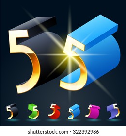 3D vector futuristic luxury alphabet with gold. All symbols in set have 8 random points of view and 6 different colors. Number 5
