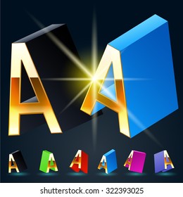 3D vector futuristic luxury alphabet with gold. All symbols in set have 8 random points of view and 6 different colors. Letter A