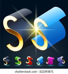3D vector futuristic luxury alphabet with gold. All symbols in set have 8 random points of view and 6 different colors. Letter S