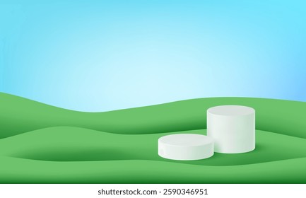 3d vector game field. Kid floor background, cute wave podium. Green garden poster, spring gradient side scene. Cartoon park grass, mountain hill wavy land. Summer plasticine paper cut nature pattern