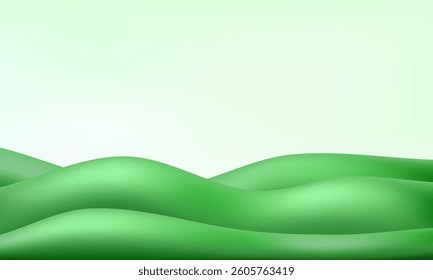 3d vector game field. Kid floor background, cute wave podium. Green garden poster, spring gradient side scene. Cartoon park grass, mountain hill wavy land. Summer plasticine paper cut nature pattern