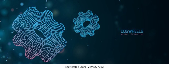 3D vector gear and cogwheel illustration, blue wireframe mesh. Technical security, online support, industrial innovation. Engineering, digital technology cybersecurity vector illustration.