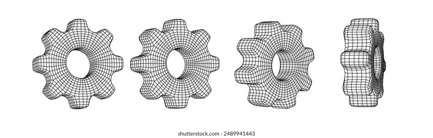 Equipo de Vector 3D y rueda dentada, conjunto de iconos de malla de alambre sobre fondo blanco. Seguridad técnica, Asistencia en línea e innovación industrial. Ingeniería, Elementos de diseño en ciberseguridad.