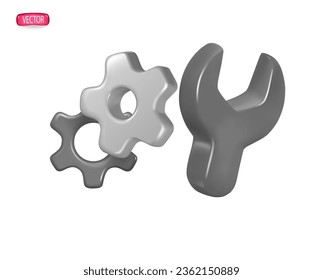 3d vector gear and key icon. The concept of repair, technical work, isolated on a white background. Cartoon realistic vector image in gray tones.