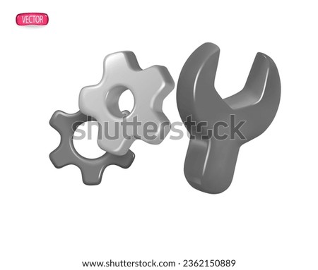 3d vector gear and key icon. The concept of repair, technical work, isolated on a white background. Cartoon realistic vector image in gray tones.