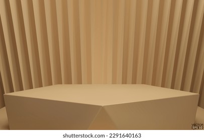 3D vector geometric podium. Beige hexagon cube, Square podium in beige background. Concept scene stage showcase, product, promotion sale, banner, presentation, cosmetic. 3D vector illustration.