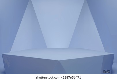 3D vector geometric podium. Blue hexagon cube, Square podium in blue background. Concept scene stage showcase, product, promotion sale, banner, presentation, cosmetic. 3D vector illustration.