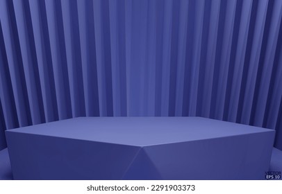 3D vector geometric podium. Blue hexagon cube, Square podium in blue background. Concept scene stage showcase, product, promotion sale, banner, presentation, cosmetic. 3D vector illustration.