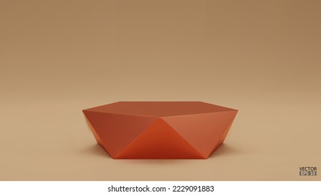 3D vector geometric podium. Copper hexagon cube, Square podium in warm background. Concept scene stage showcase, product, promotion sale, banner, presentation, cosmetic. 3D vector illustration.