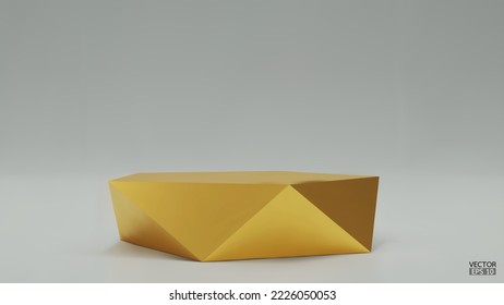 3D vector geometric podium. Gold hexagon cube, Square podium in gray background. Concept scene stage showcase, product, promotion sale, banner, presentation, cosmetic. 3D vector illustration.