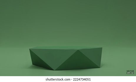 3D vector geometric podium. Green hexagon cube, Square podium in green background. Concept scene stage showcase, product, promotion sale, banner, presentation, cosmetic. 3D vector illustration.