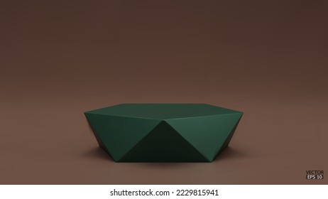 3D vector geometric podium. Green hexagon cube, Square podium in brown background. Concept scene stage showcase, product, promotion sale, banner, presentation, cosmetic. 3D vector illustration.