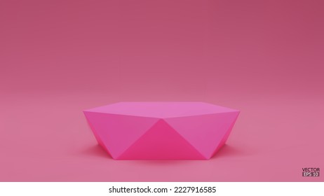3D vector geometric podium. Pink hexagon cube, Square podium in pink background. Concept scene stage showcase, product, promotion sale, banner, presentation, cosmetic. 3D vector illustration.