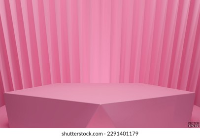3D vector geometric podium. Pink hexagon cube, Square podium in pink background. Concept scene stage showcase, product, promotion sale, banner, presentation, cosmetic. 3D vector illustration.