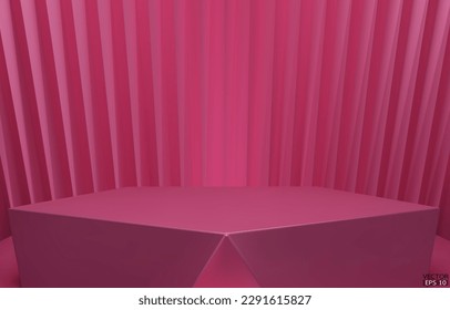 3D vector geometric podium. Pink hexagon cube, Square podium in pink background. Concept scene stage showcase, product, promotion sale, banner, presentation, cosmetic. 3D vector illustration.