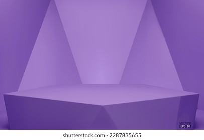 Podio geométrico vectorial 3D. Cubo hexágono púrpura, podio cuadrado en fondo morado. Escaparate de escena conceptual, producto, venta de promoción, banner, presentación, cosmética. Ilustración vectorial 3D.