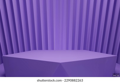 Podio geométrico vectorial 3D. Cubo hexágono púrpura, podio cuadrado en fondo morado. Escaparate de escena conceptual, producto, venta de promoción, banner, presentación, cosmética. Ilustración vectorial 3D.