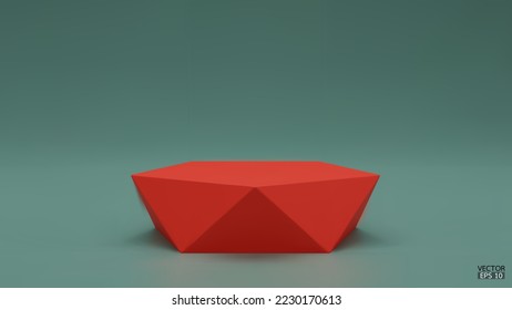 3D vector geometric podium. Red hexagon cube, Square podium in green background. Concept scene stage showcase, product, promotion sale, banner, presentation, cosmetic. 3D vector illustration.