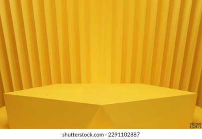 3D vector geometric podium. Yellow hexagon cube, Square podium in yellow background. Concept scene stage showcase, product, promotion sale, banner, presentation, cosmetic. 3D vector illustration.