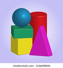 3d vector geometric shapes: sphere, cube, rectangle, pyramid, cylinder. Isolated on purple background