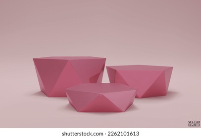 3D vector geometric step podium. 3 Rose gold hexagon cube, Pink square podium in pink background. Concept scene stage showcase, product, promotion sale, banner, cosmetic. 3D vector illustration.