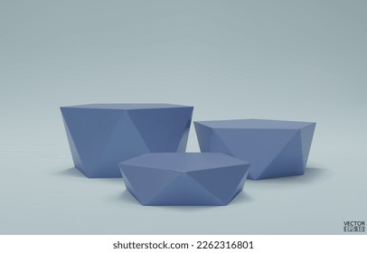 3D vector geometric step podium. 3 Blue hexagon cube, Blue square podium in blue background. Concept scene stage showcase, product, promotion sale, banner, cosmetic. 3D vector illustration.