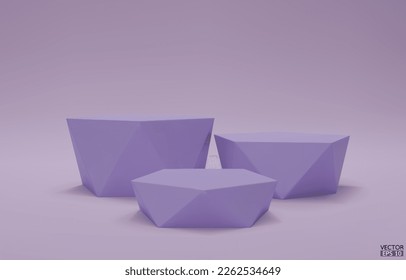 3D vector geometric step podium. 3 purple hexagon cube, Purple square podium in purple background. Concept scene stage showcase, product, promotion sale, banner, cosmetic. 3D vector illustration.
