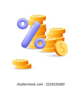 3d vector getting percent profit symbol cartoon render design. Income rising symbol with stack of gold dollar coins percentage icon. Investment, business success, interest rate up, Economy crisis 