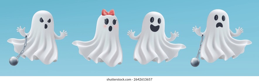 3d vector ghost halloween. Cute character icon set, spooky scary happy cartoon monster illustration isolated. Girl face, funny emoji element. Funny party invitation design set. Black friday sale trick