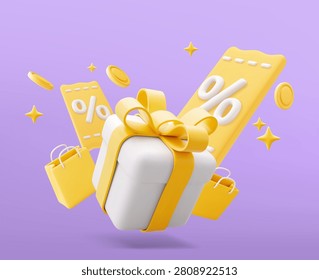 3D Vector Gift Box floating and discount coupons with yellow shopping bag 