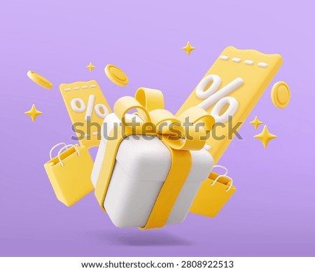 3D Vector Gift Box floating and discount coupons with yellow shopping bag 