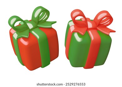 3d vector gift boxes with green and red bows. Cute Christmas present icon isolated on white background.