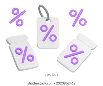 3D Vector Gift tags, Coupon, Labels. For Marketing, promotion, discount, sale, shopping online, discount coupon of cash. Vector 3d price tags icon In Plasticine Cartoon Style Isolated On White