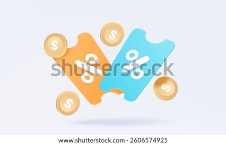 3D vector gift voucher coupon percentage label with dollar coins floating on pastel background. Marketing discount shopping purchases online e-commerce, Ads banner design. Eps 10 vector. illustration