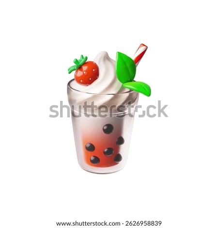 3d vector glass of bubble tea with tapioca balls, cream, strawberry, straw and mint leaves. Asian milk dessert. Cool drink. Cartoon style. Isolated icon. Rendering.
