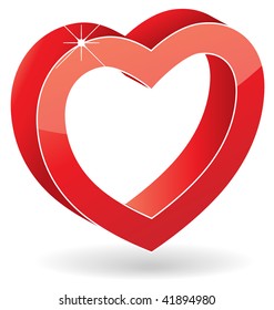 3D vector glossy red heart with shadow isolated on white background.