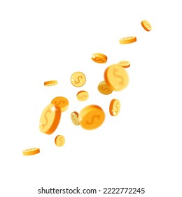 3d vector gold dollar rain coins floating in the air in line shape banner design. Realistic render metal round dollars isolated on white background. Casino, jack pot, gold mine wealth, cash back