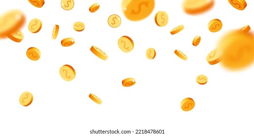 3d vector gold rain coins floating in the air banner design. Realistic render falling down metal round dollars isolated on white background. Casino, jack pot, gold mine wealth, cash back concept. svg